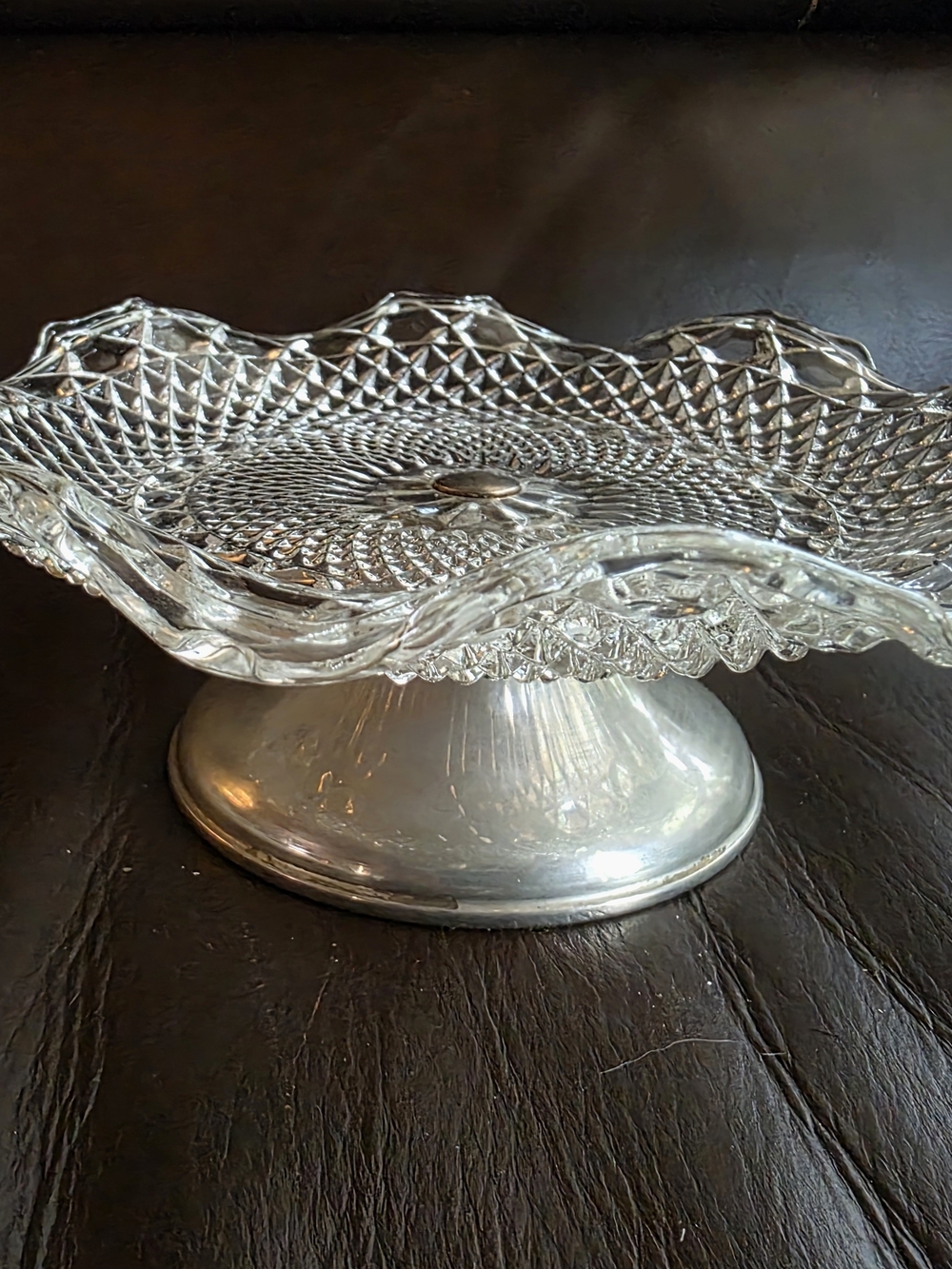Glass Cake Plate Silver Pedestal - Clear Glass with Silver Base Vintage